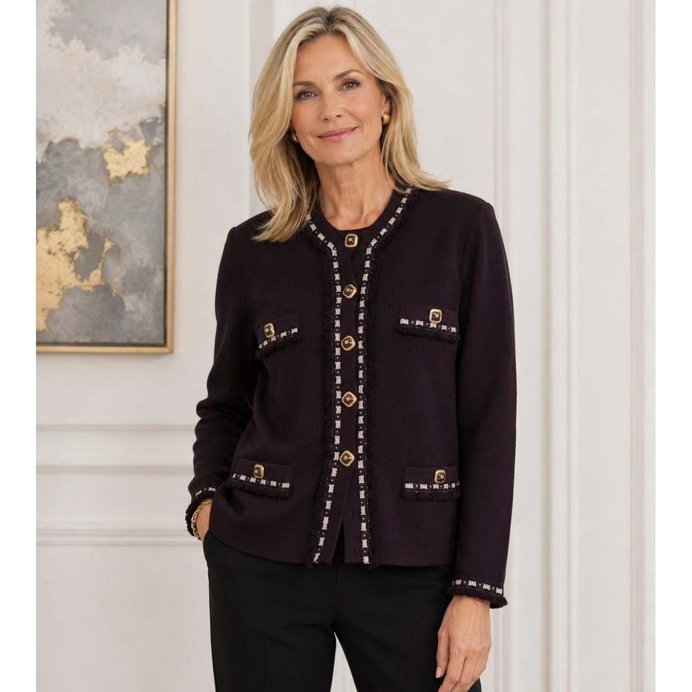 St John Collection Marie Plum Purple Knit Fringe Button Jacket 10 Quiet luxury